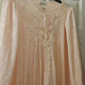 Natori Boho long Sleep Romantic Lace pearl button peachy floral Vintage Robe L